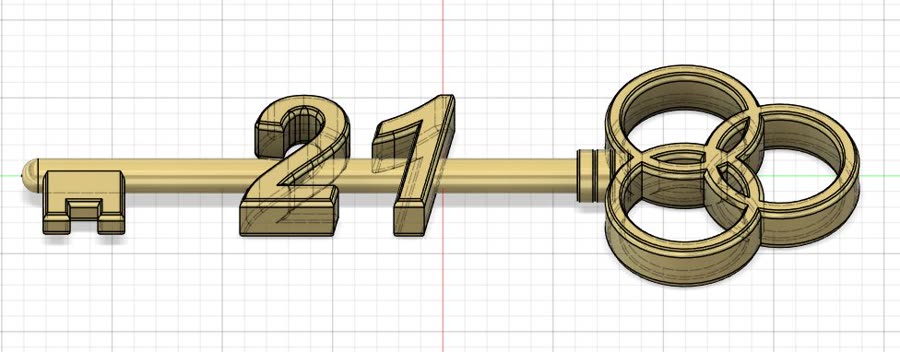 CAD design of the ceremonial 21st birthday key, drawn from the reference image
