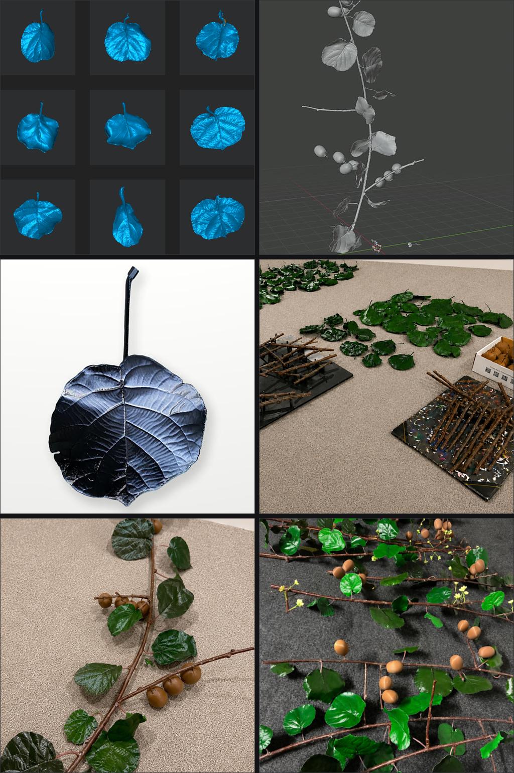 Six stages of the build: 3D scans of real kiwifruit leaves, the vine assembled in 3D, the first printed leaf, the printed parts laid out, one finished vine, and the finished vines ready for delivery