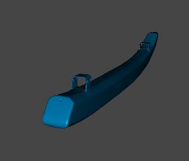Raw 3D scan mesh of the canoe outrigger shown in scanning software, with the mounting brackets captured