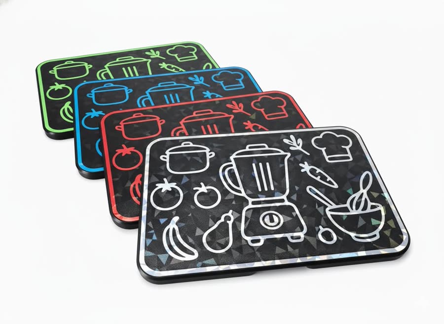 Screen protector covers in green, blue, red and black with kitchen icon designs