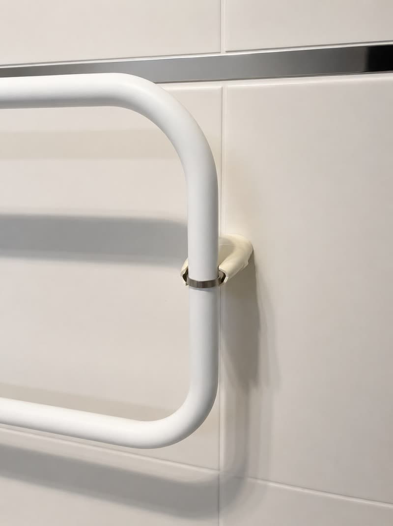 Close-up of the failed original plastic wall mount on the tiled wall