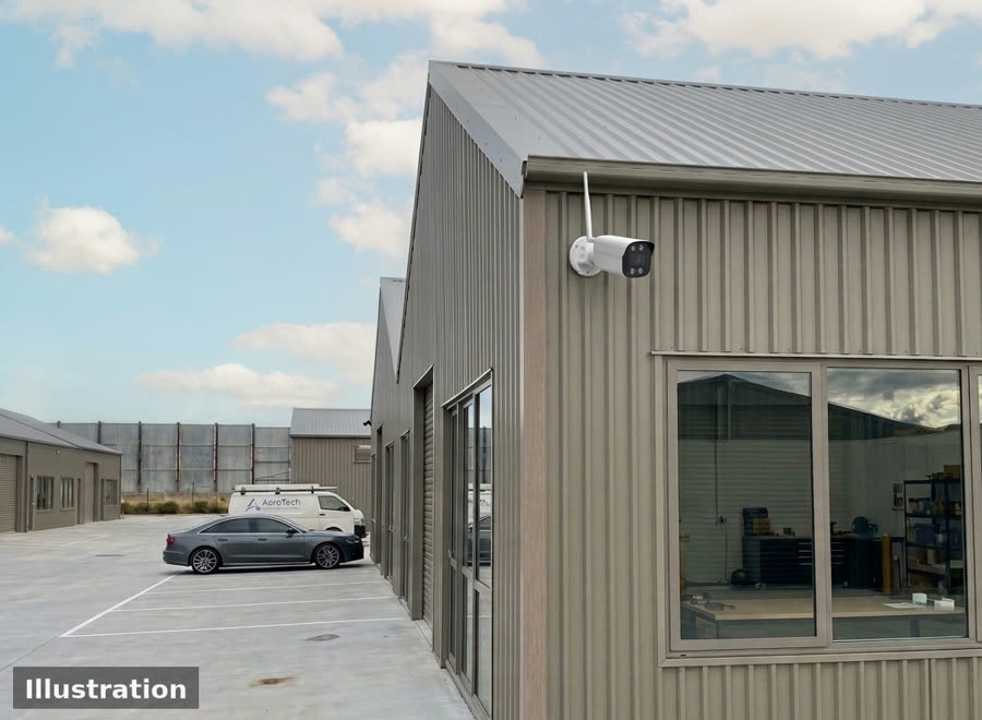 Illustration of a security camera fitted to a trapezoidal sheet wall, the kind of fitting the mount is made for