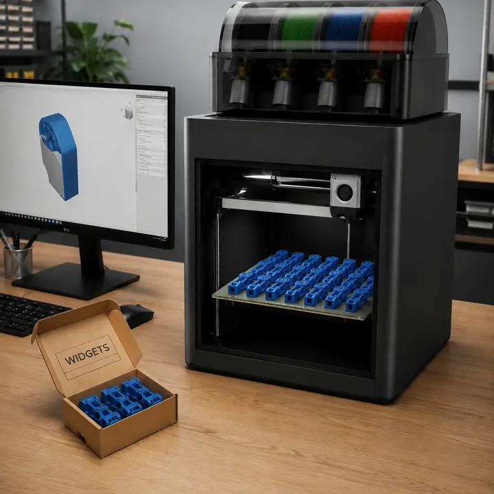 Desktop 3D printer with four filament spools, a print bed of small blue parts, and a finished batch boxed beside it