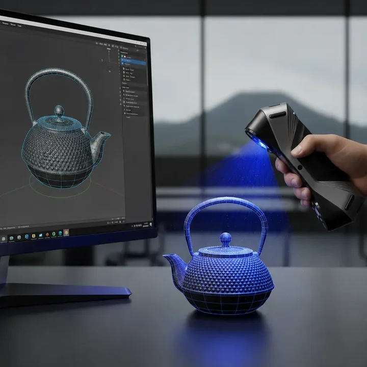 Handheld 3D scanner projecting blue light onto a cast iron teapot, with the scanned mesh appearing on screen