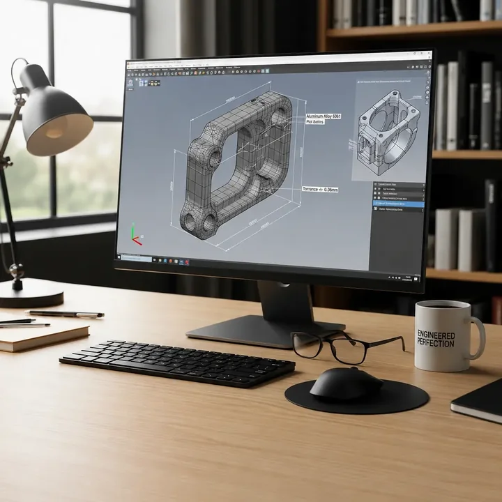 CAD software on a desktop monitor showing a wireframe bracket with dimensions