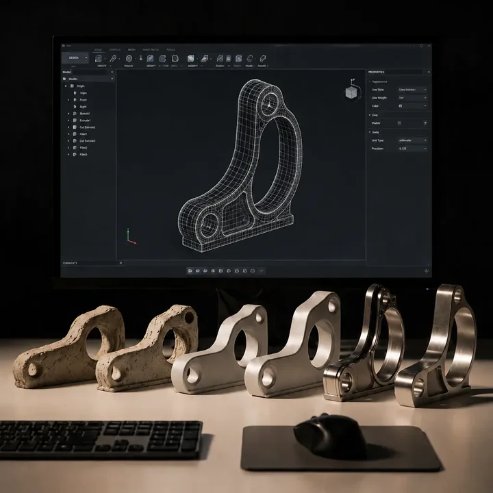 A row of the same lever prototype in five stages, from rough print to finished part, with the CAD model on screen