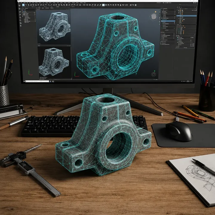 3D printed bracket on a desk beside callipers and a sketch, with its wireframe model on the monitor behind