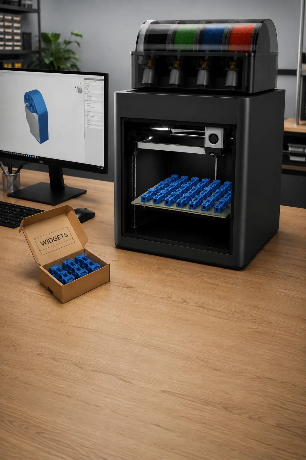 Desktop 3D printer with four filament spools, a print bed of small blue parts, and a finished batch boxed beside it
