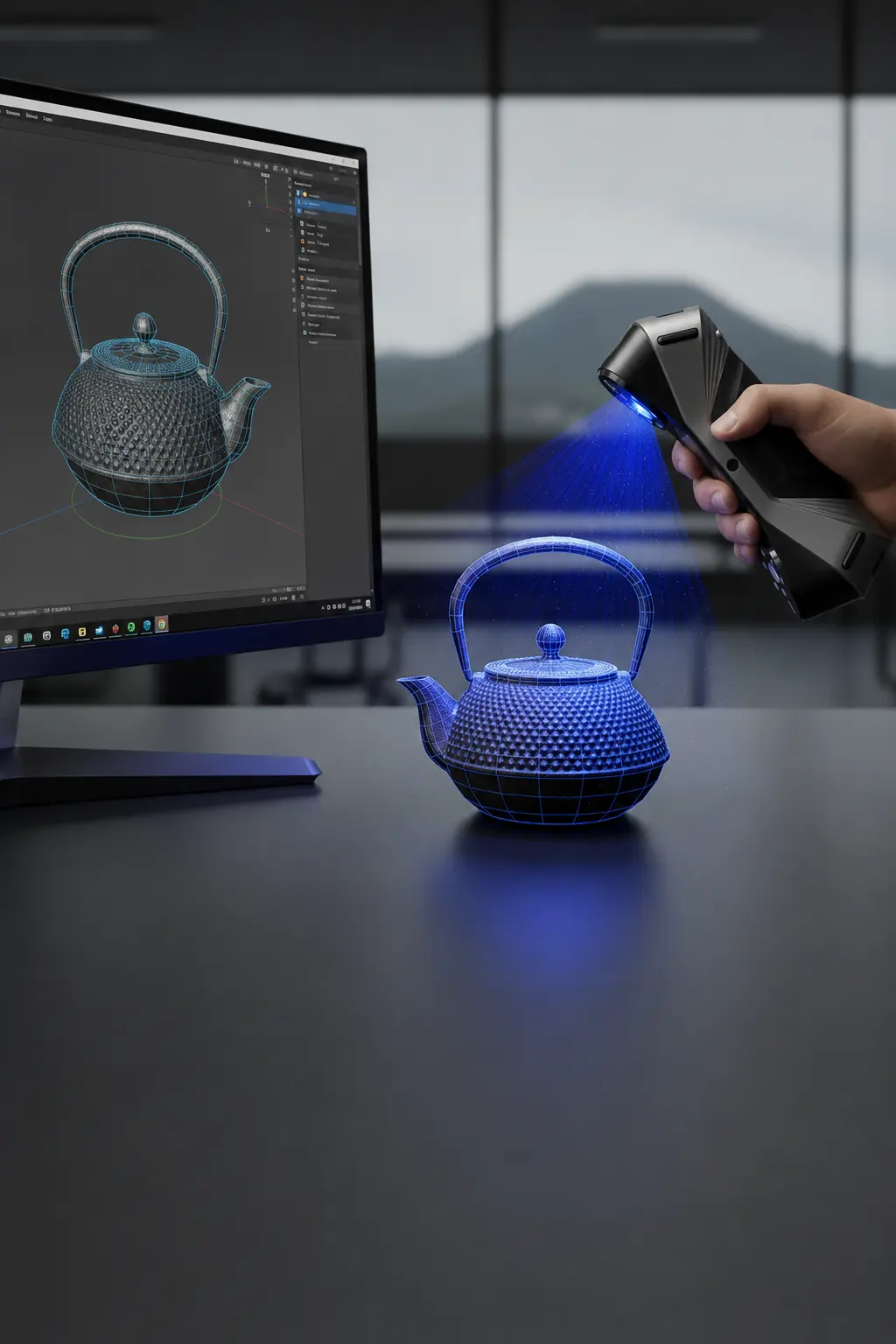Handheld 3D scanner projecting blue light onto a cast iron teapot, with the scanned mesh appearing on screen