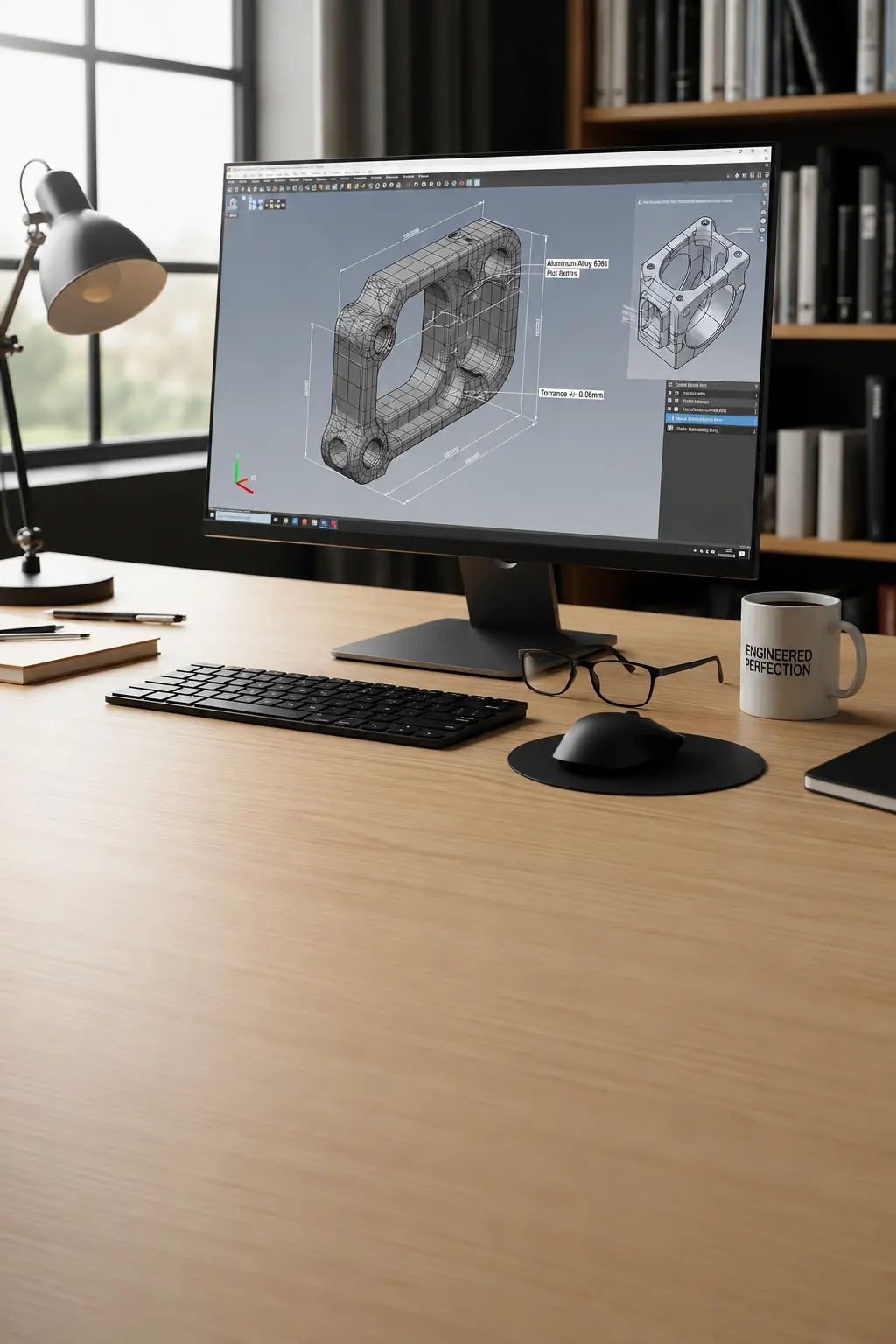 CAD software on a desktop monitor showing a wireframe bracket with dimensions