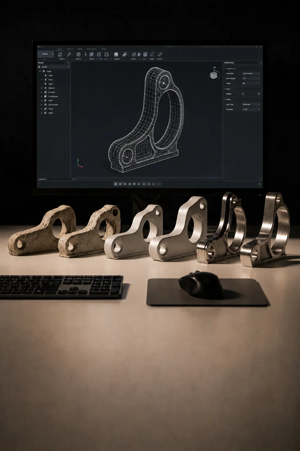 A row of the same lever prototype in five stages, from rough print to finished part, with the CAD model on screen
