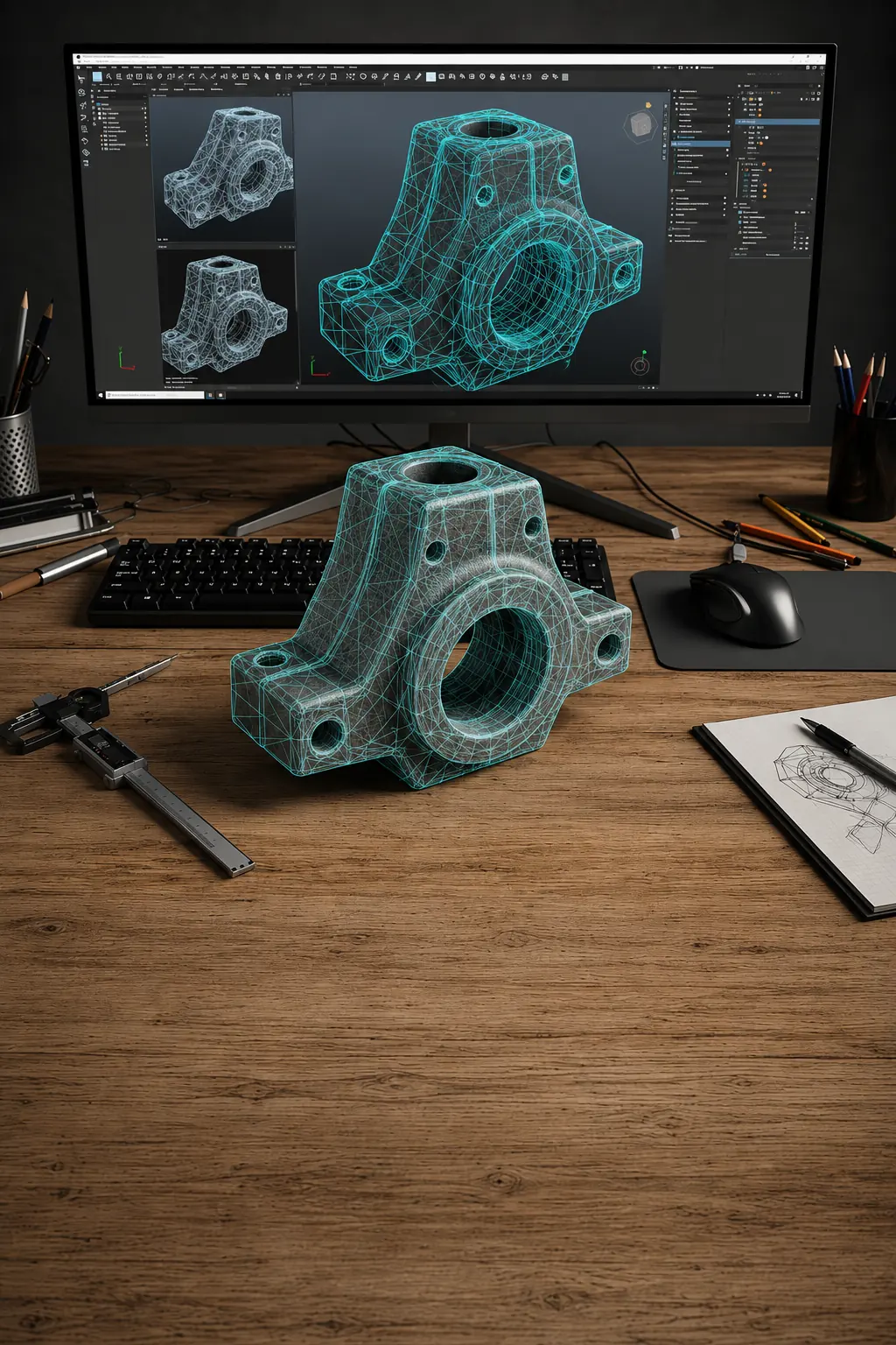 3D printed bracket on a desk beside callipers and a sketch, with its wireframe model on the monitor behind